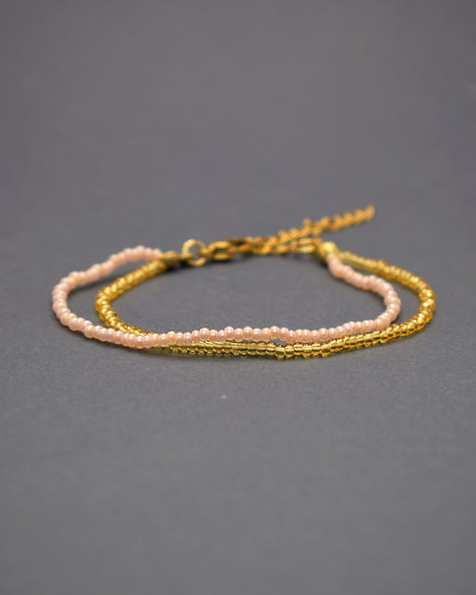 Double Bracelet of Semitransparent Golden Beads and Salmon Pearl