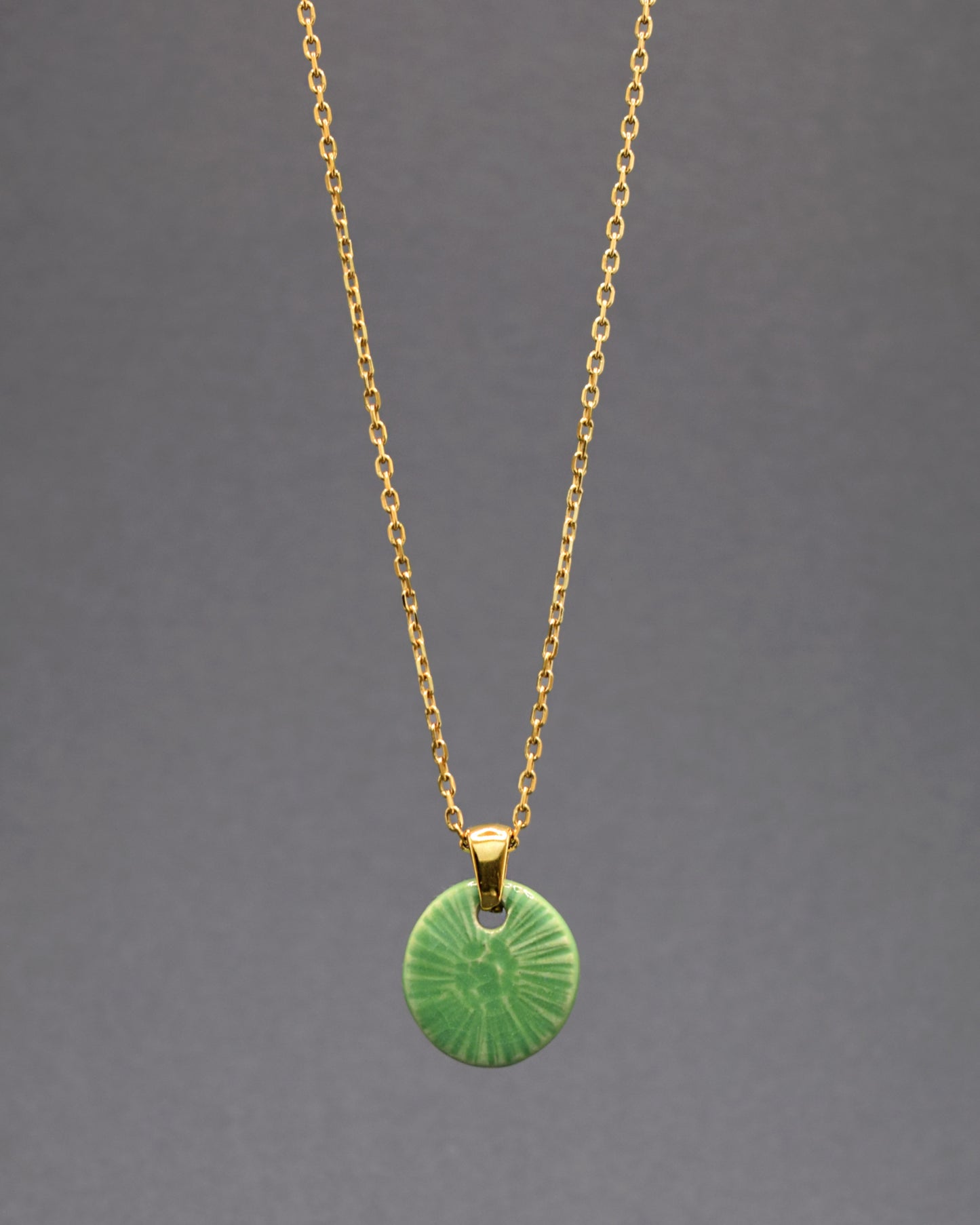 Colar deslumbrante com pendente em cerâmica manual, inspirado na graciosidade da flor do mar em verde alface. Emoldurado por uma corrente de aço inoxidável dourado, une a elegância da cerâmica artesanal à durabilidade e luxo do metal precioso, criando uma peça única que harmoniza natureza e sofisticação contemporânea.