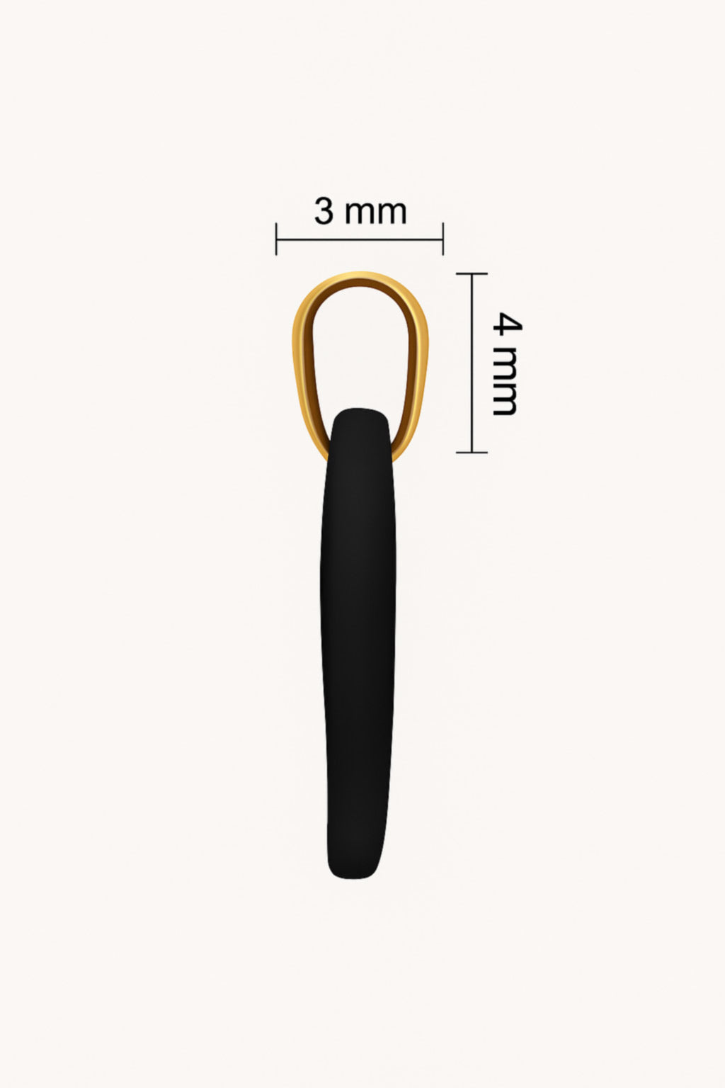 Imagem genérica de pendente TALAI em perfil, mostrando medidas de 3 mm x 4 mm para indicar a largura do fecho compatível com diferentes fios e colares.