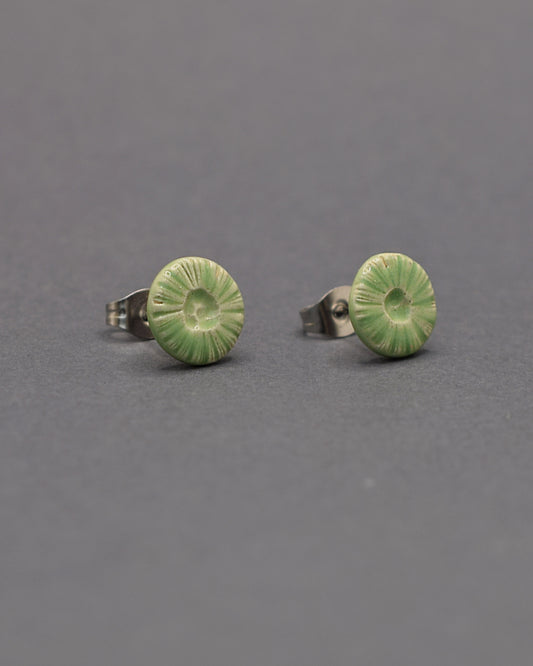 Brincos stud em cerâmica, com design flor do mar em verde claro. Perfeitos para um toque único e moderno no seu look.