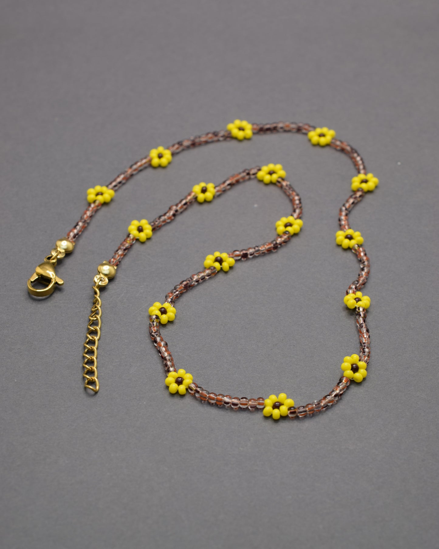 Yellow Flower Necklace with Striped Brown Beads
